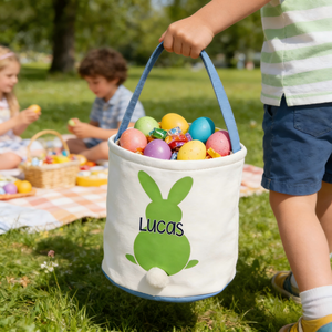 Personalized Canvas Easter Basket Bucket Bag with Bunny Design & Name | Baby First Easter Large Capacity Holiday Treat Bag Egg Hunt Bag For Kids