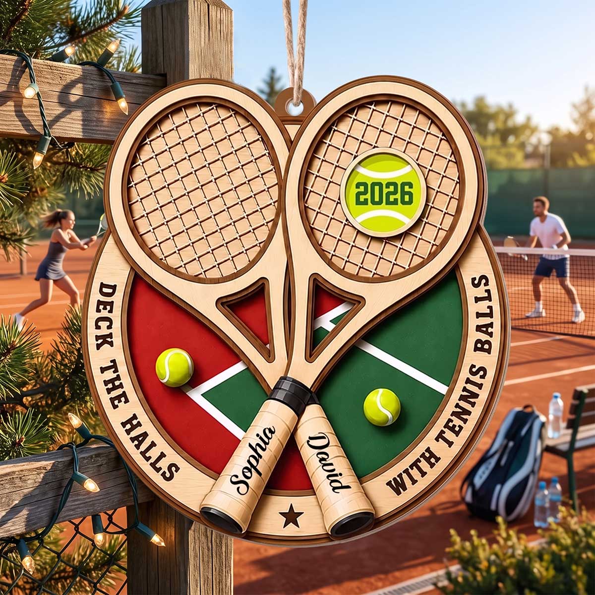 Personalized "Deck The Halls With Tennis Balls" Wood Ornament - Christmas Gift For Tennis Lovers Players Couples