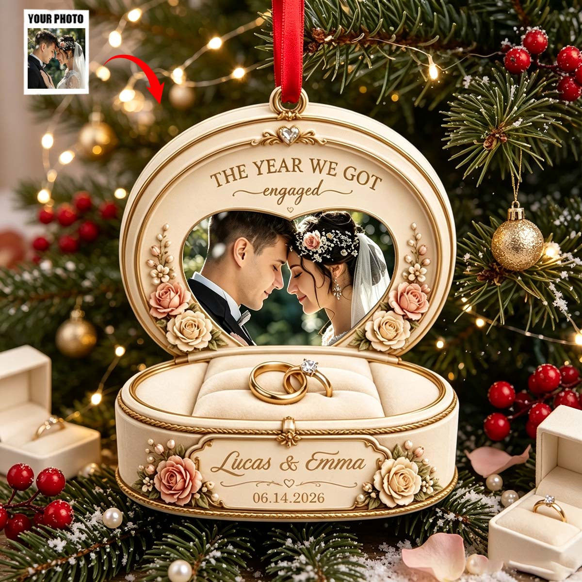 Personalized Engagement Ring Box Acrylic Ornament - Newly Engaged Christmas Tree Gift For Fiancé Fiancée