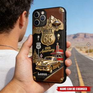 Personalized Route 66 100th Anniversary  Car Lover Leather Phone Case With Name | Vintage Birthday Father’s Day Gift For Car Lovers Dads Adventurers