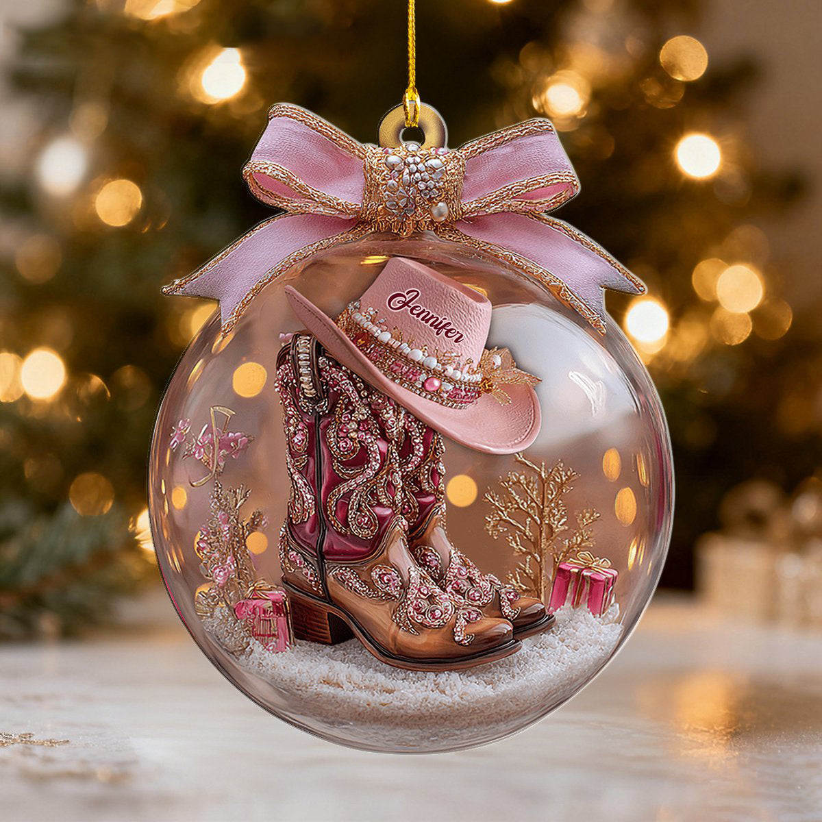 Personalized Western Style Cowgirl Boots Ornament With Name on Pink Hat & Bow Exclusive Christmas Surprise For Her