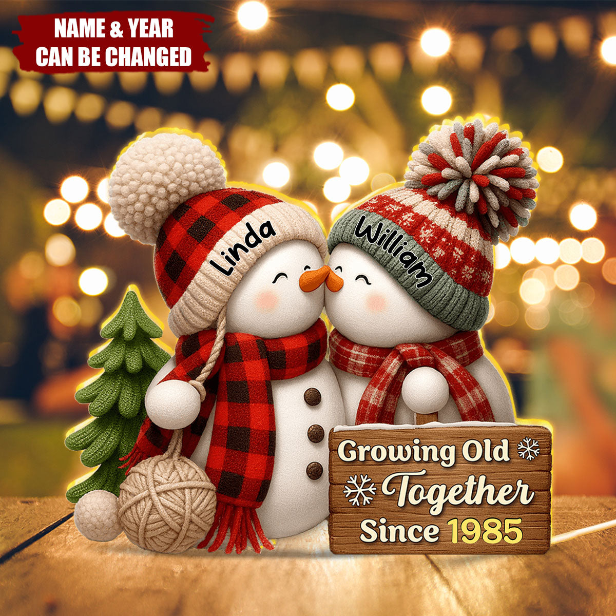 Personalized Kissing Bobble Hat Snowman Couple Light-Up Ornaments With Name - Acrylic Christmas Valentine's Day Gift For Him & Her