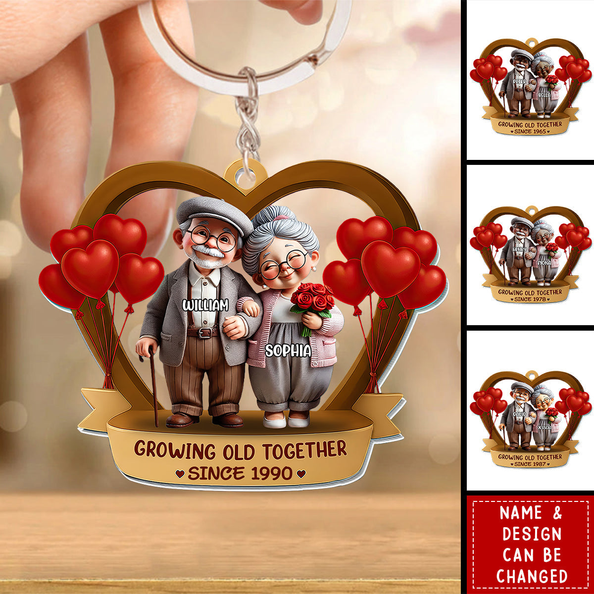 Personalized 3D Effect Hugging Elderly Couple Keyring With Name - Birthday Surprise Valentine's Day Gift For Nana & Papa