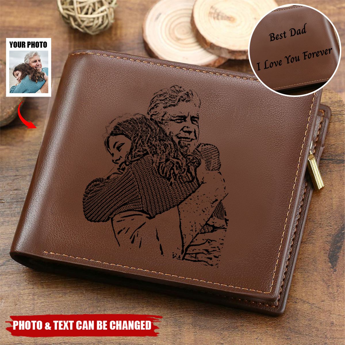 Personalized Photo Trifold Zipper Engraved Wallet For Men Father's Day Gift