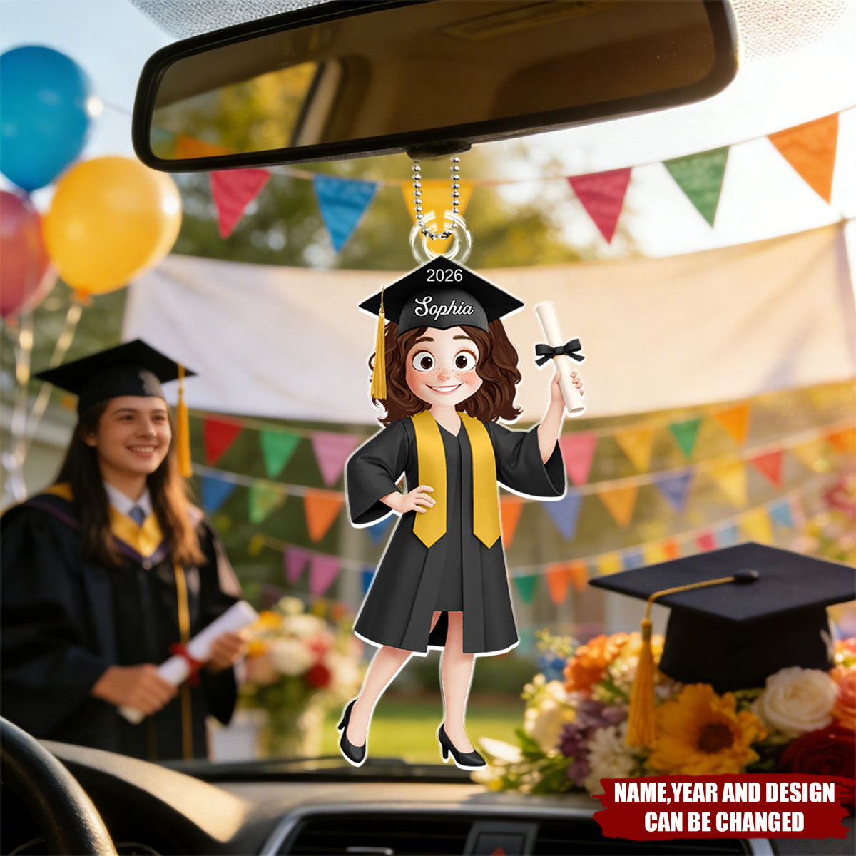 Personalized 2026 Graduation Chibi Style Acrylic Car Ornament With Cartoon Icon & Name & Year - Creative Graduation Gift For Him Or Her
