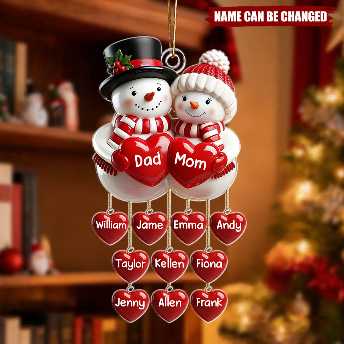 Personalized Acrylic Snowman Christmas Decoration With Hanging Heart With 1-10 Kids Name - Perfect Christmas Gift For The Family