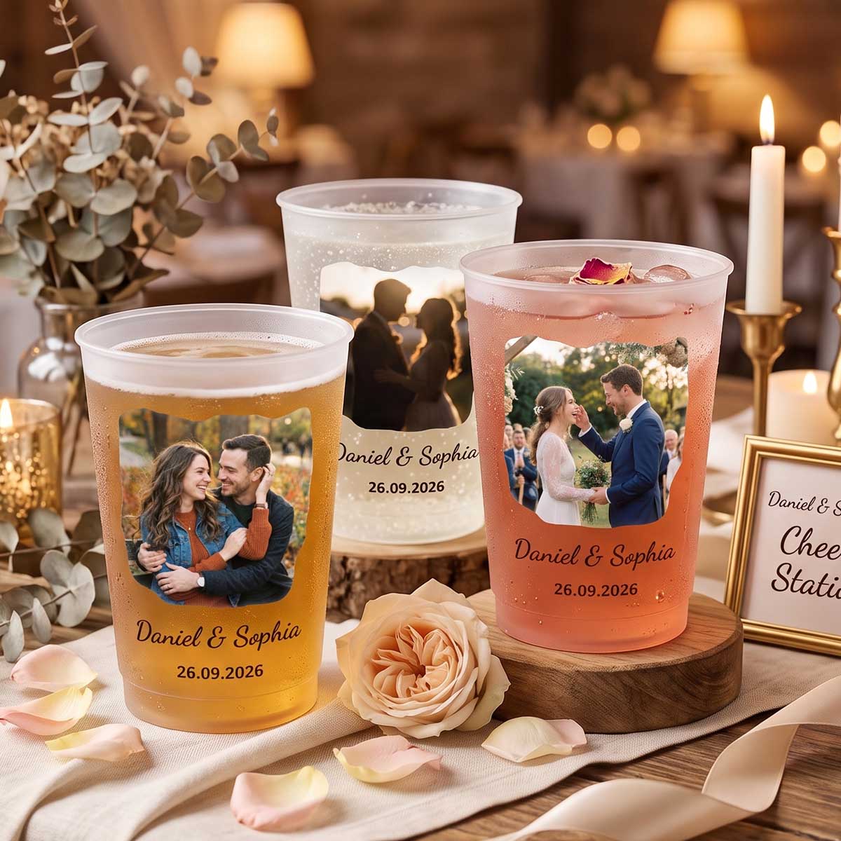 Personalized Couple Wedding Photo Frosted Plastic Cups | Wedding Reception Decorations