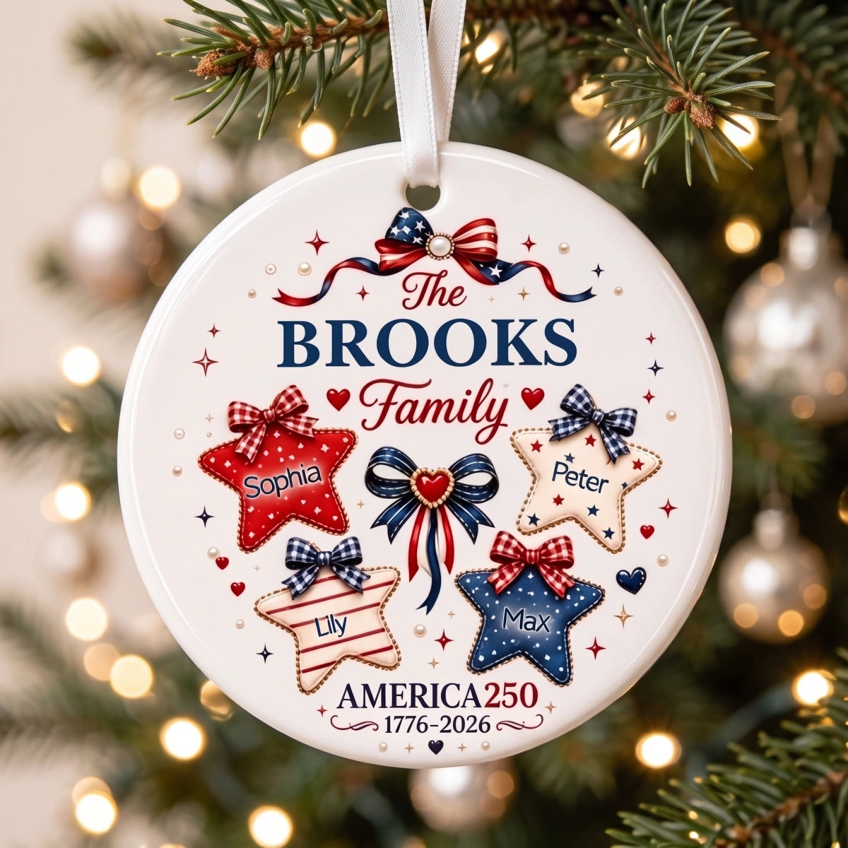 Personalized USA 250th Ceramic Christmas Ornament With Names - 2026 Patriotic Family Gift