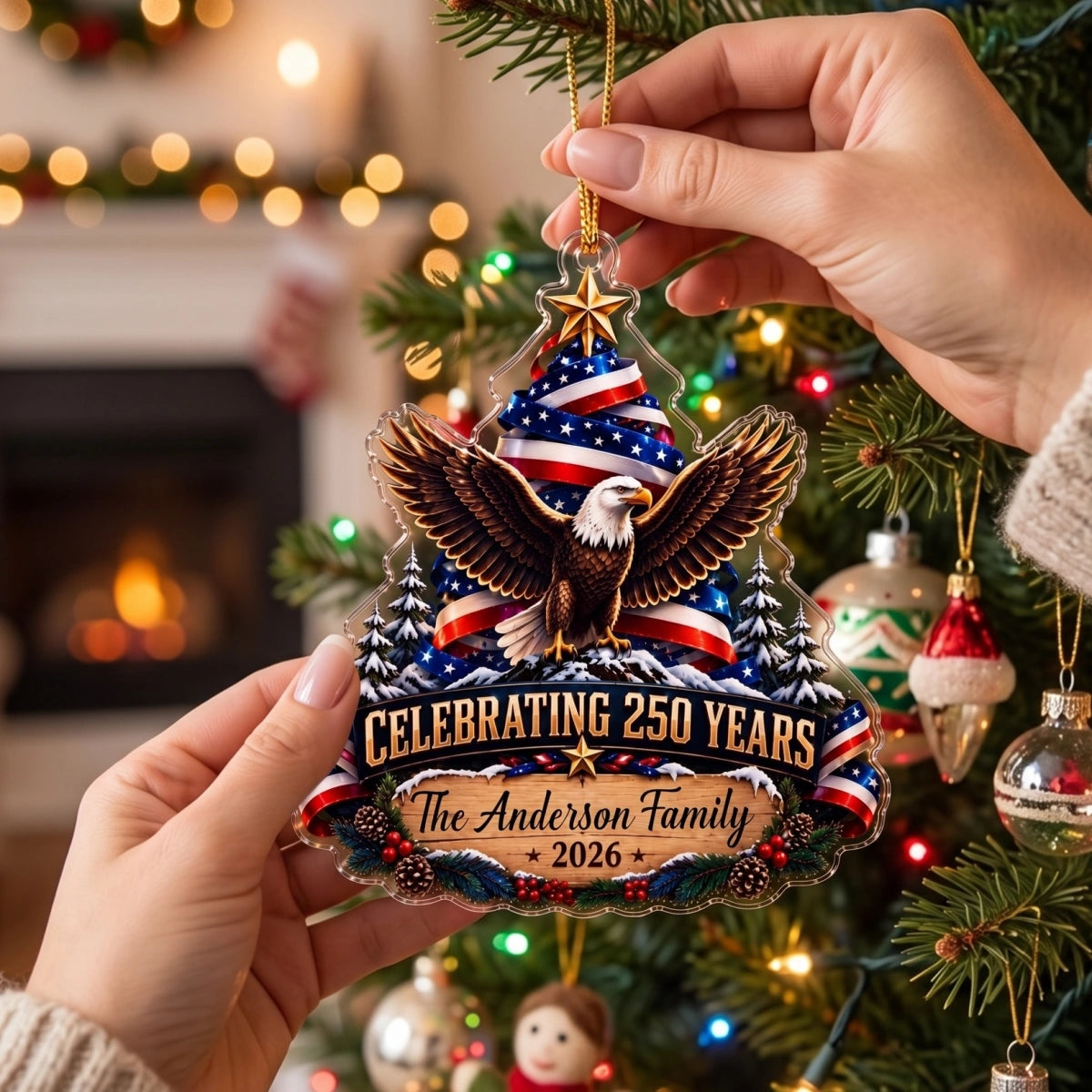 Custom Family Name USA 250th Christmas Ornament - American Eagle Patriotic Gift