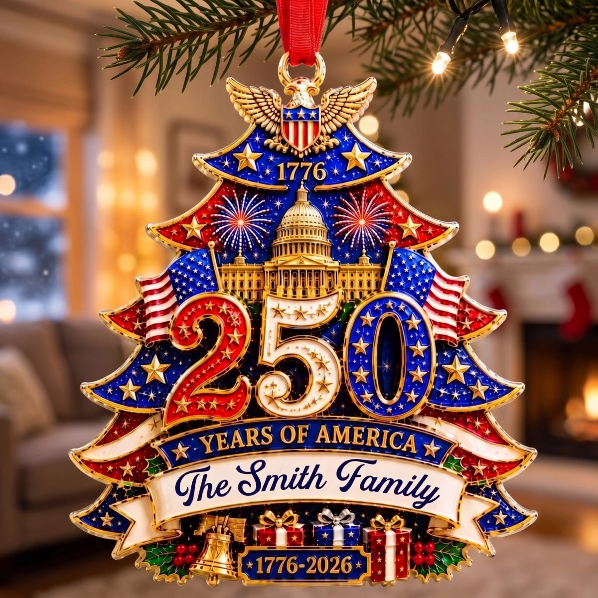 Personalized 250th America Christmas Ornament With Family Name | 2026 Patriotic Gift