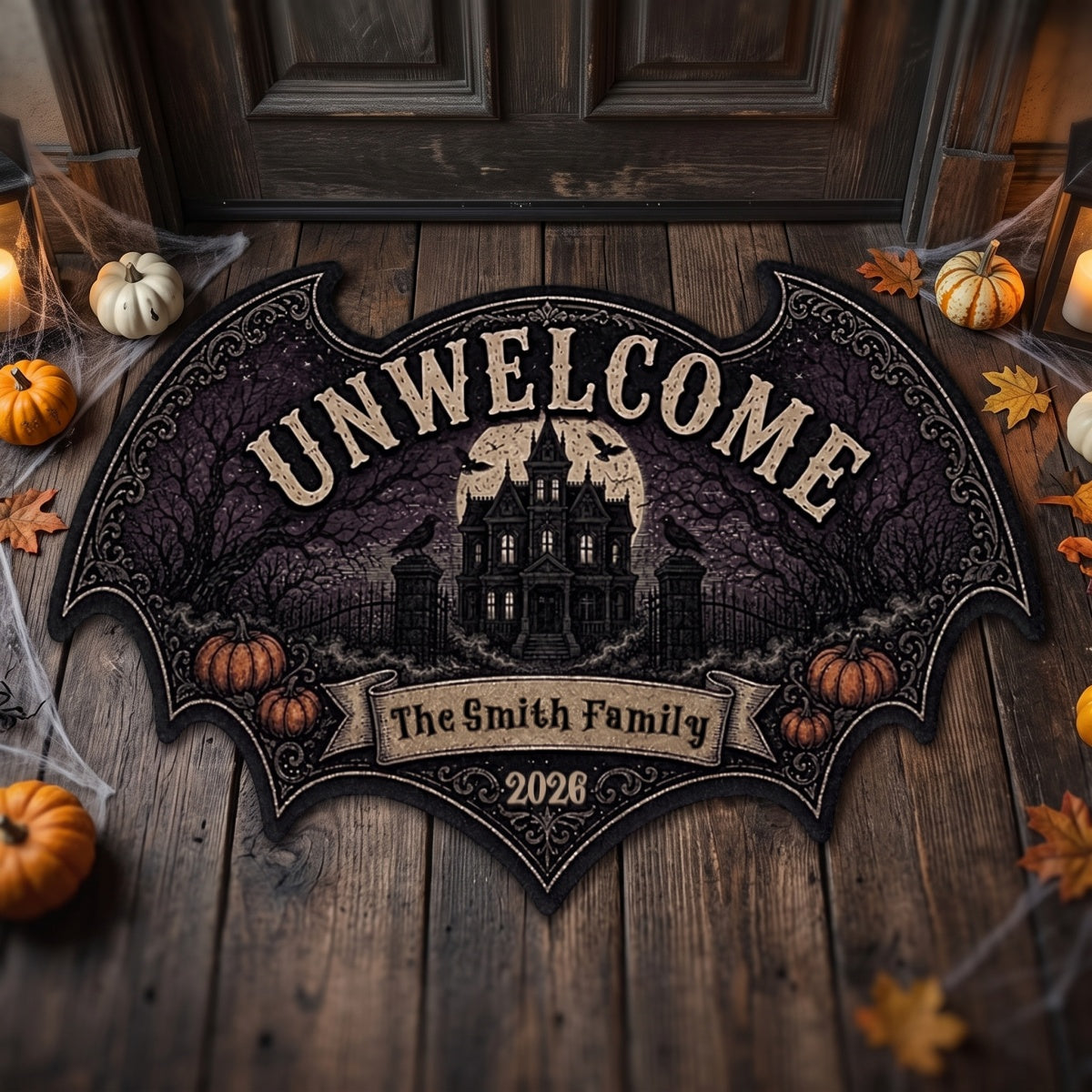 Personalized Bat Halloween Shaped Doormat - Gothic Haunted House Design - Unique Gift For Families
