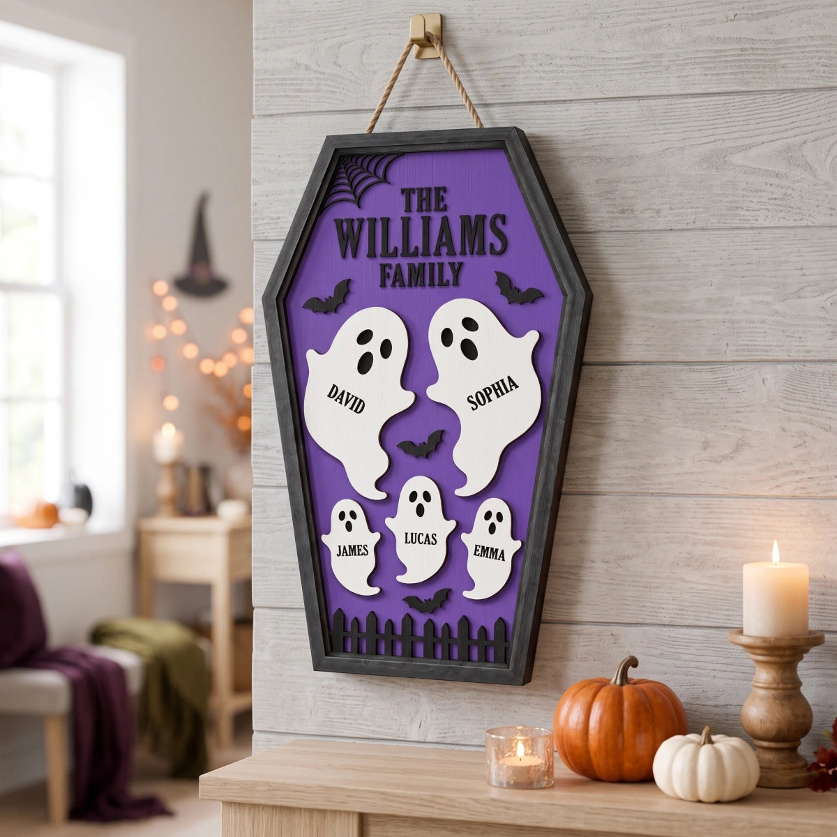 Personalized Ghost Family Coffin Wooden Sign With Names & Color - Halloween Wall Decor Gift