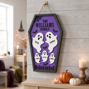 Personalized Ghost Family Coffin Wooden Sign With Names & Color - Halloween Wall Decor Gift