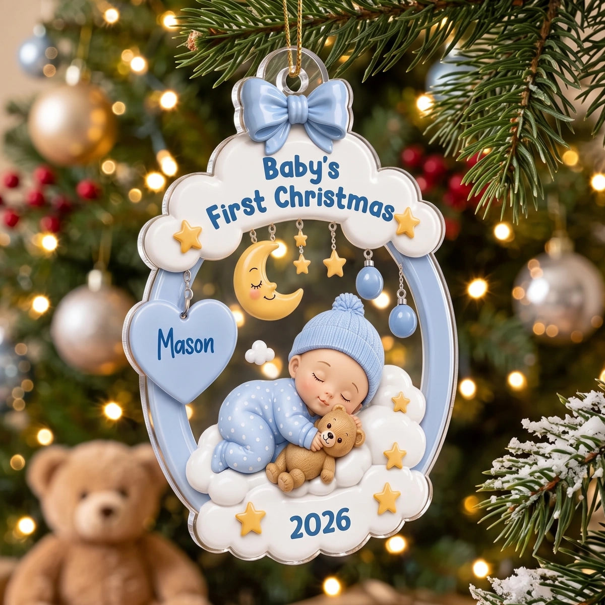 Personalized Baby's First Christmas Acrylic Ornament - Sleeping Kid Moon Stars - Gift For New Parents