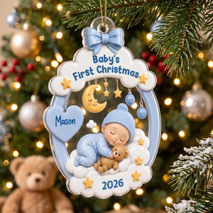 Personalized Baby's First Christmas Acrylic Ornament - Sleeping Kid Moon Stars - Gift For New Parents