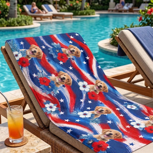 Custom Pet Photo Beach Towel | Patriotic 4th Of July Summer Vacation Gift For Dog Cat Lover