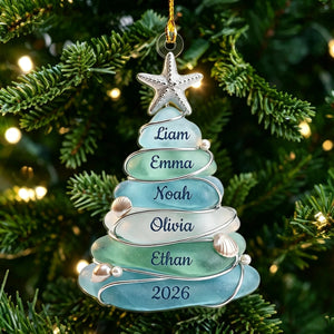 Personalized Sea Glass Christmas Tree Ornament - Custom 1-13 Names - Beach Theme Family Gift