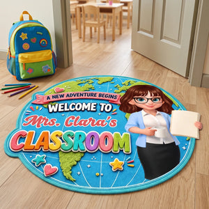 Personalized Name Shaped Doormat - Globe Classroom Welcome Design - Back To School Teacher Gift