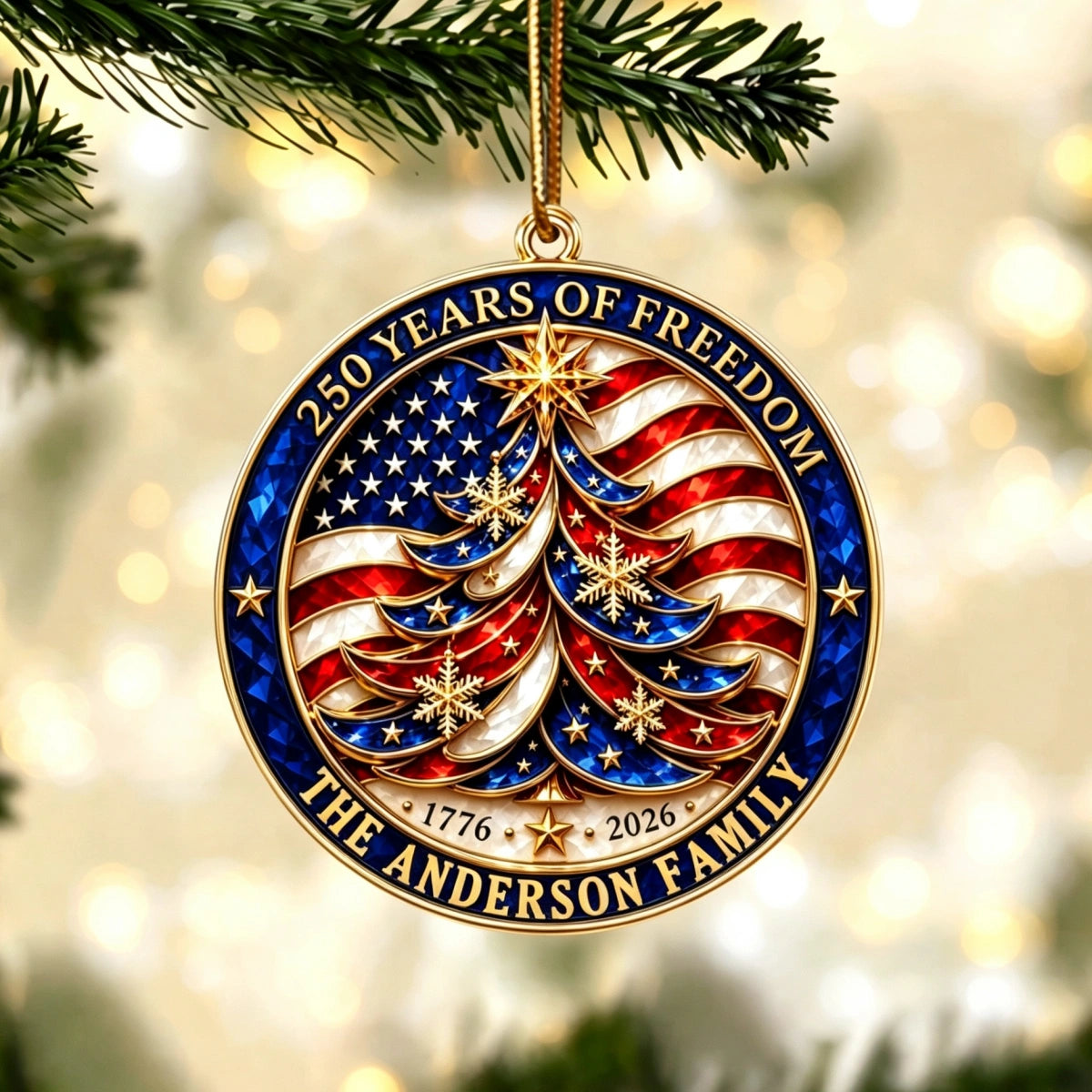Personalized USA 250th Flag Christmas Ornament - Custom Family Name Patriotic Gift