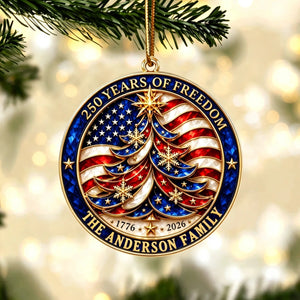 Personalized USA 250th Flag Christmas Ornament - Custom Family Name Patriotic Gift