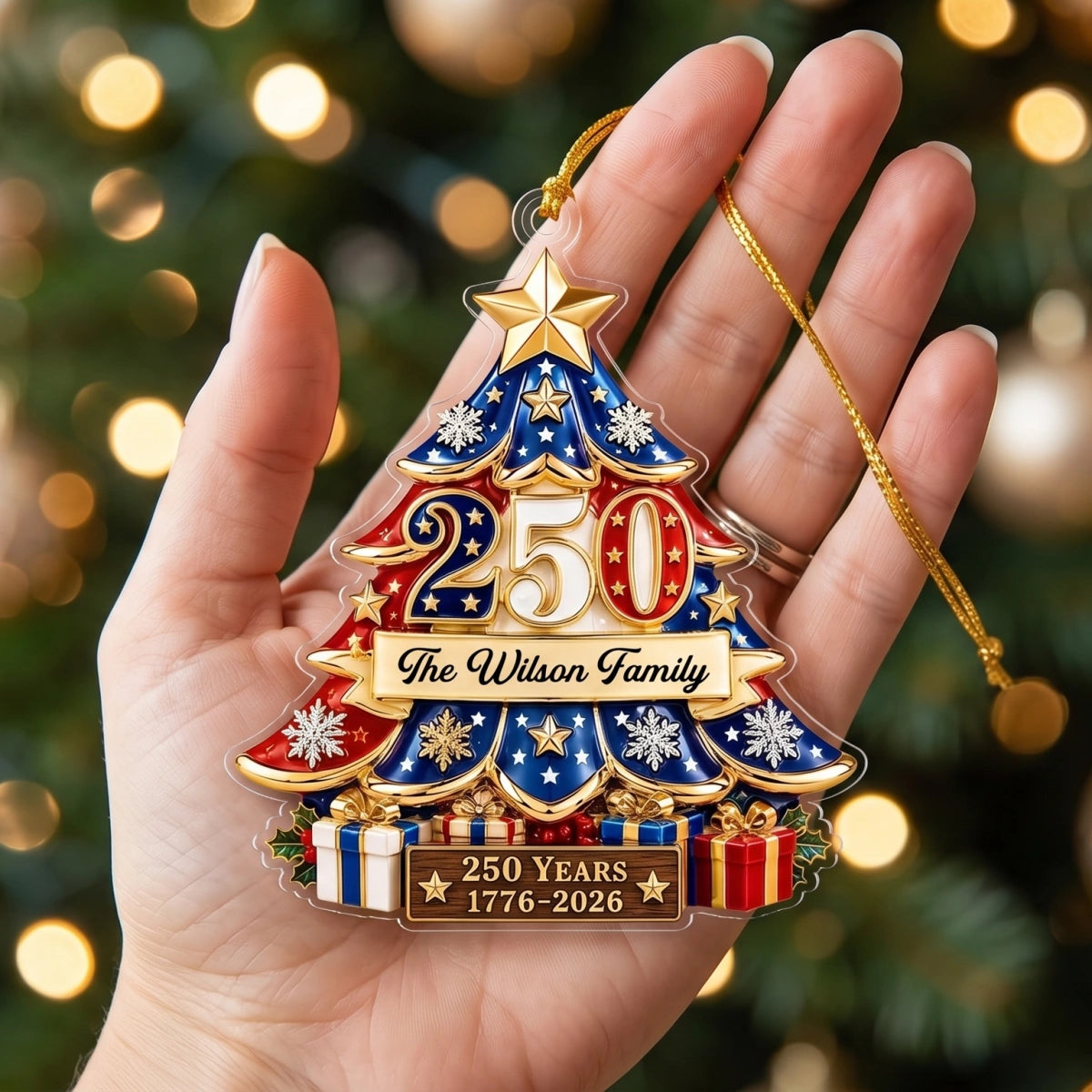 Personalized USA 250th Christmas Ornament With Family Name - Patriotic Tree Decor