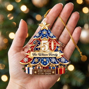 Personalized USA 250th Christmas Ornament With Family Name - Patriotic Tree Decor