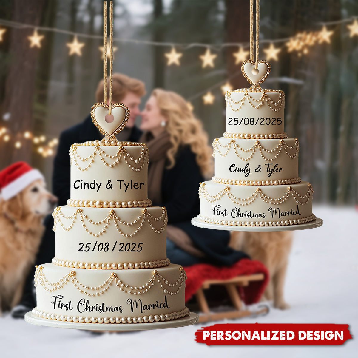 Personalized Wedding Cake Ornament With Names & Date,Romantic "First Christmas Married" Gift For Newlyweds & Couple