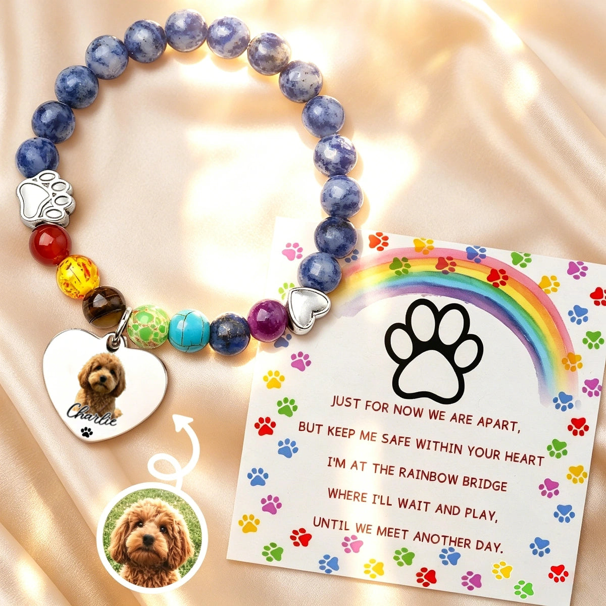 Custom Pet Photo Rainbow Bridge Bracelet With Card | Loved Within My Heart | Dog Cat Loss Sympathy Gift