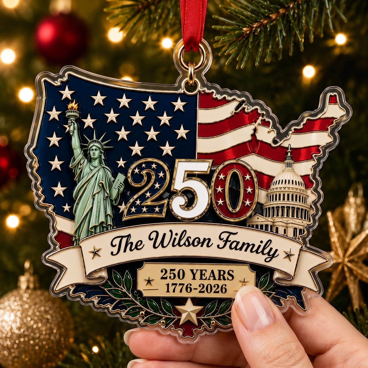 Personalized 250th America Patriotic Christmas Ornament With Family Name - USA Flag Tree Decor