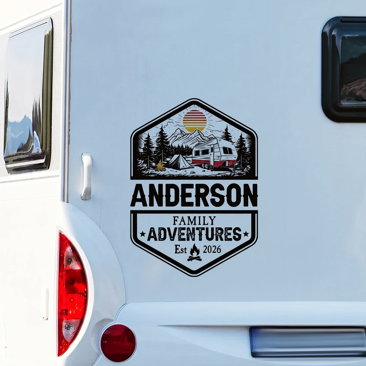 Personalized RV Sticker Decal With Name & Year & Mountain Graphics - Unique Gift For Trip Campers