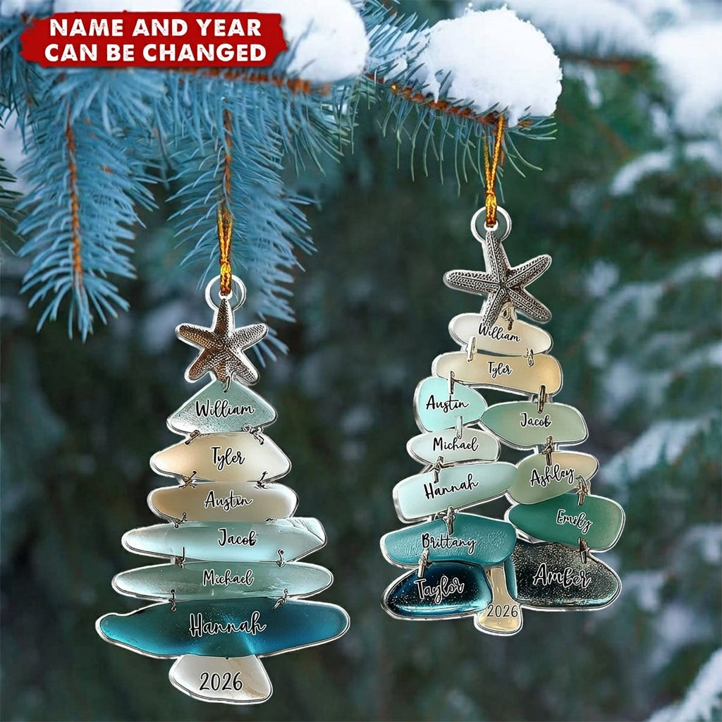 Personalized Family Sea Glass Christmas Starfish Tree Acrylic Ornament With 1-15 Names And Year Festive Winter Gift For Family