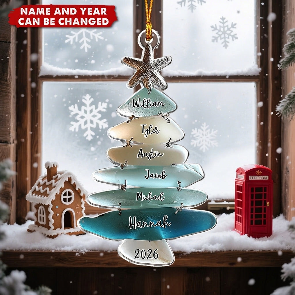 Personalized Family Sea Glass Christmas Starfish Tree Acrylic Ornament With 1-15 Names And Year Festive Winter Gift For Family