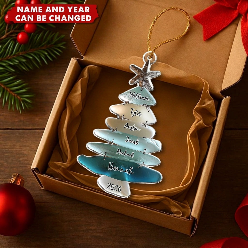 Personalized Family Sea Glass Christmas Starfish Tree Acrylic Ornament With 1-15 Names And Year Festive Winter Gift For Family