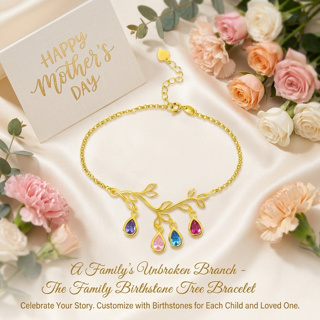 Personalized Family Tree Branch Birthstone Bracelet | Mother's Day Gift For Mom Grandma