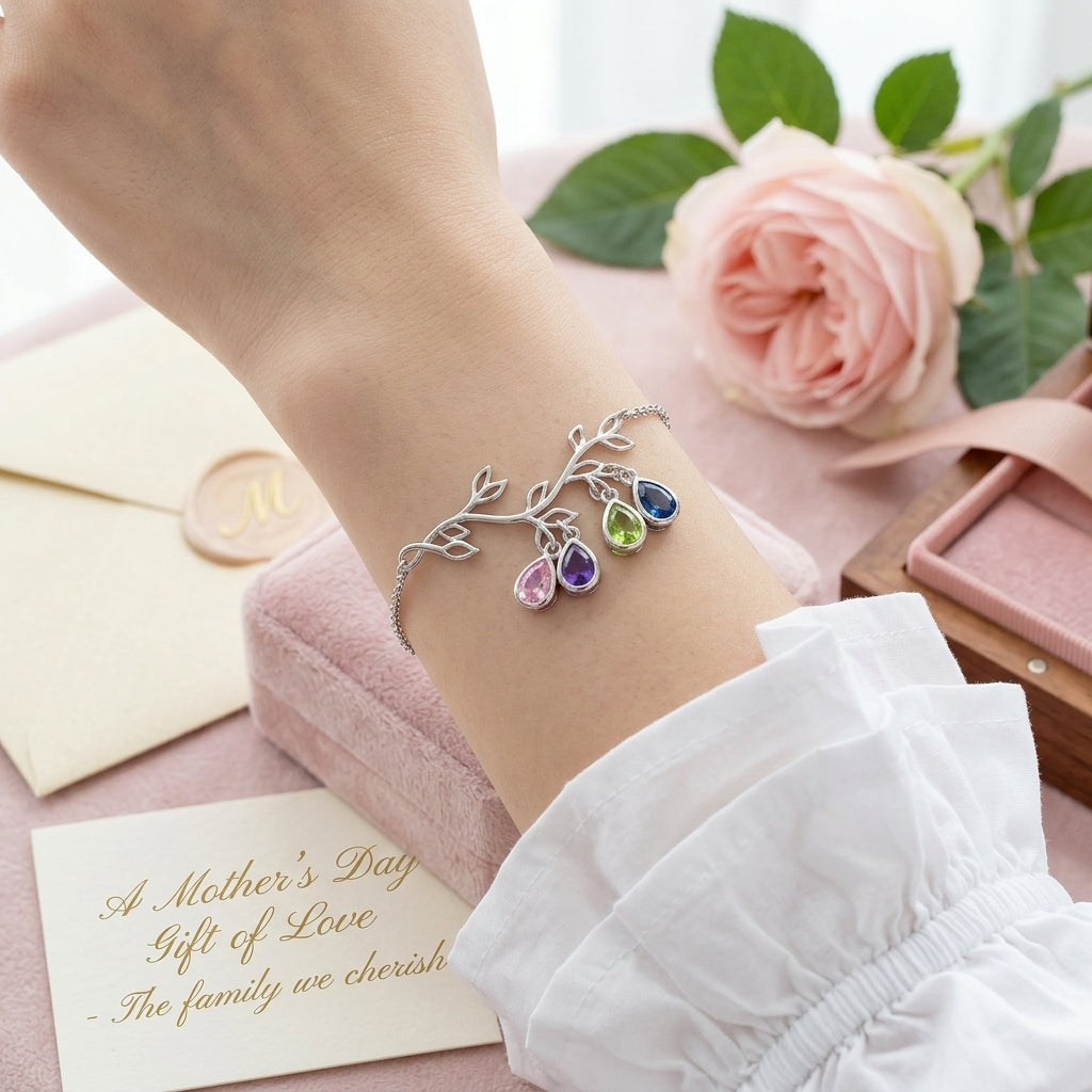 Personalized Family Tree Branch Birthstone Bracelet | Mother's Day Gift For Mom Grandma