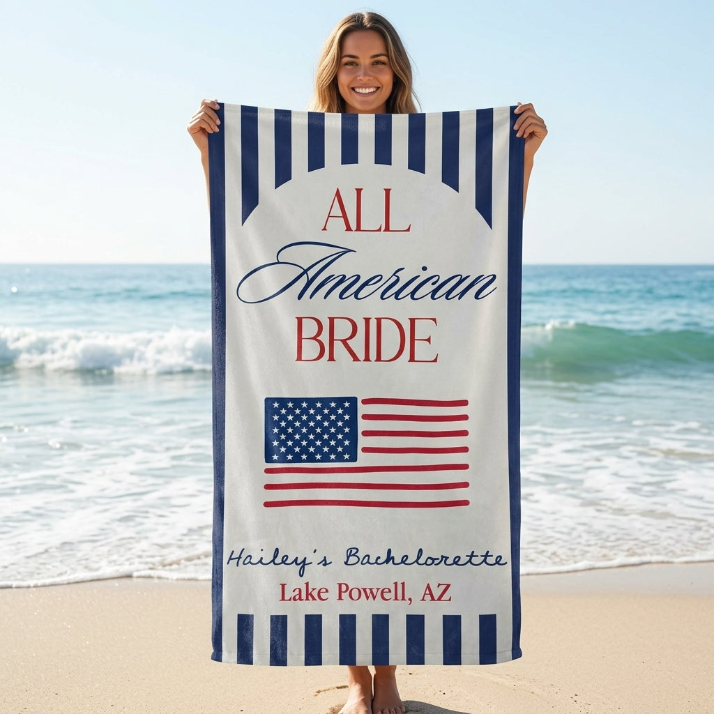 Personalized Name & Location Beach Towel With All American Bride Graphic For Wedding Gift