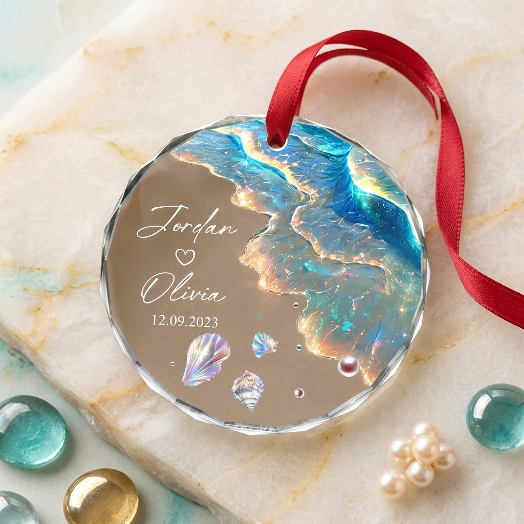 Personalized Names Date Glass Ornament With Ocean Wave Shell For Married Mr & Mrs Anniversary Gift