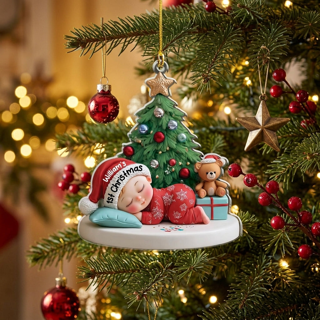 Personalized Santa Hat Sleeping Baby First Christmas Ornament For New Parents Present