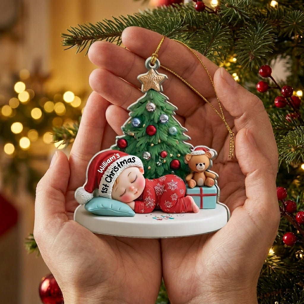 Personalized Santa Hat Sleeping Baby First Christmas Ornament For New Parents Present