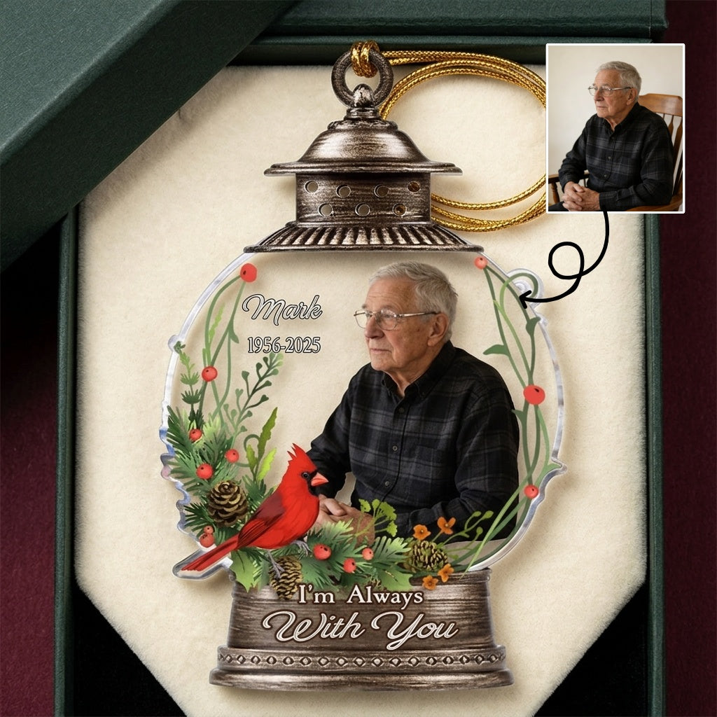Personalized Photo Memorial Ornament With Cardinal Lantern Design For Christmas Tree Gift