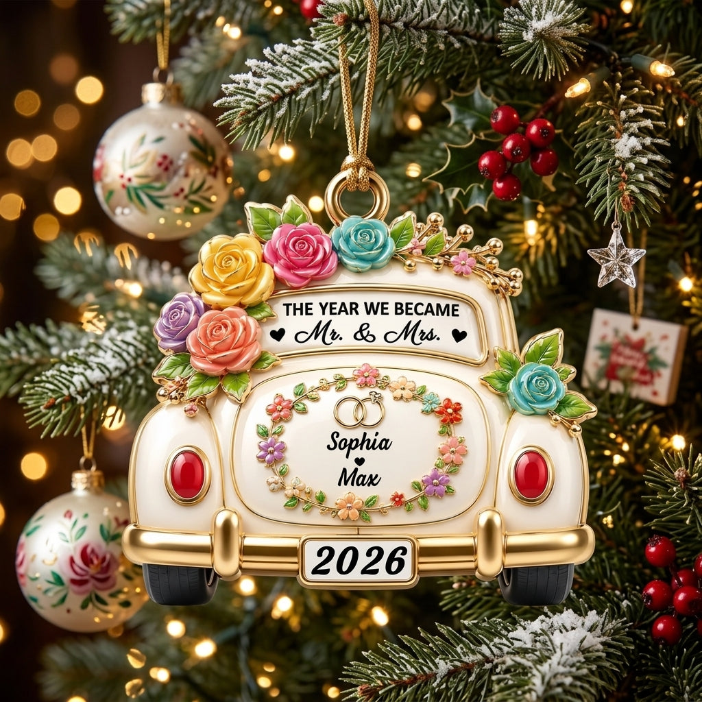 Personalized Newlywed Name Acrylic Ornament With Wedding Car Floral & Rose Ring For Couple Gift
