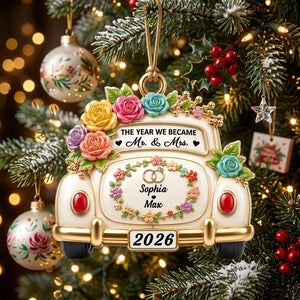 Personalized Newlywed Name Acrylic Ornament With Wedding Car Floral & Rose Ring For Couple Gift