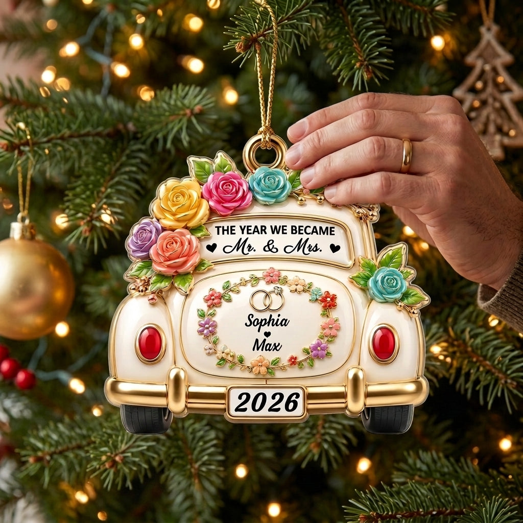 Personalized Newlywed Name Acrylic Ornament With Wedding Car Floral & Rose Ring For Couple Gift