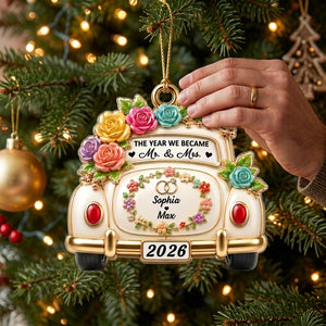 Personalized Newlywed Name Acrylic Ornament With Wedding Car Floral & Rose Ring For Couple Gift