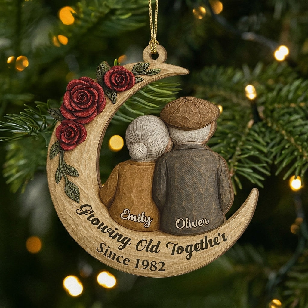 Personalized Names Year Wooden Ornament With Old Couple Moon Art For Christmas & Anniversary Gift