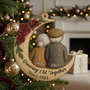 Personalized Names Year Wooden Ornament With Old Couple Moon Art For Christmas & Anniversary Gift