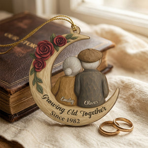 Personalized Names Year Wooden Ornament With Old Couple Moon Art For Christmas & Anniversary Gift