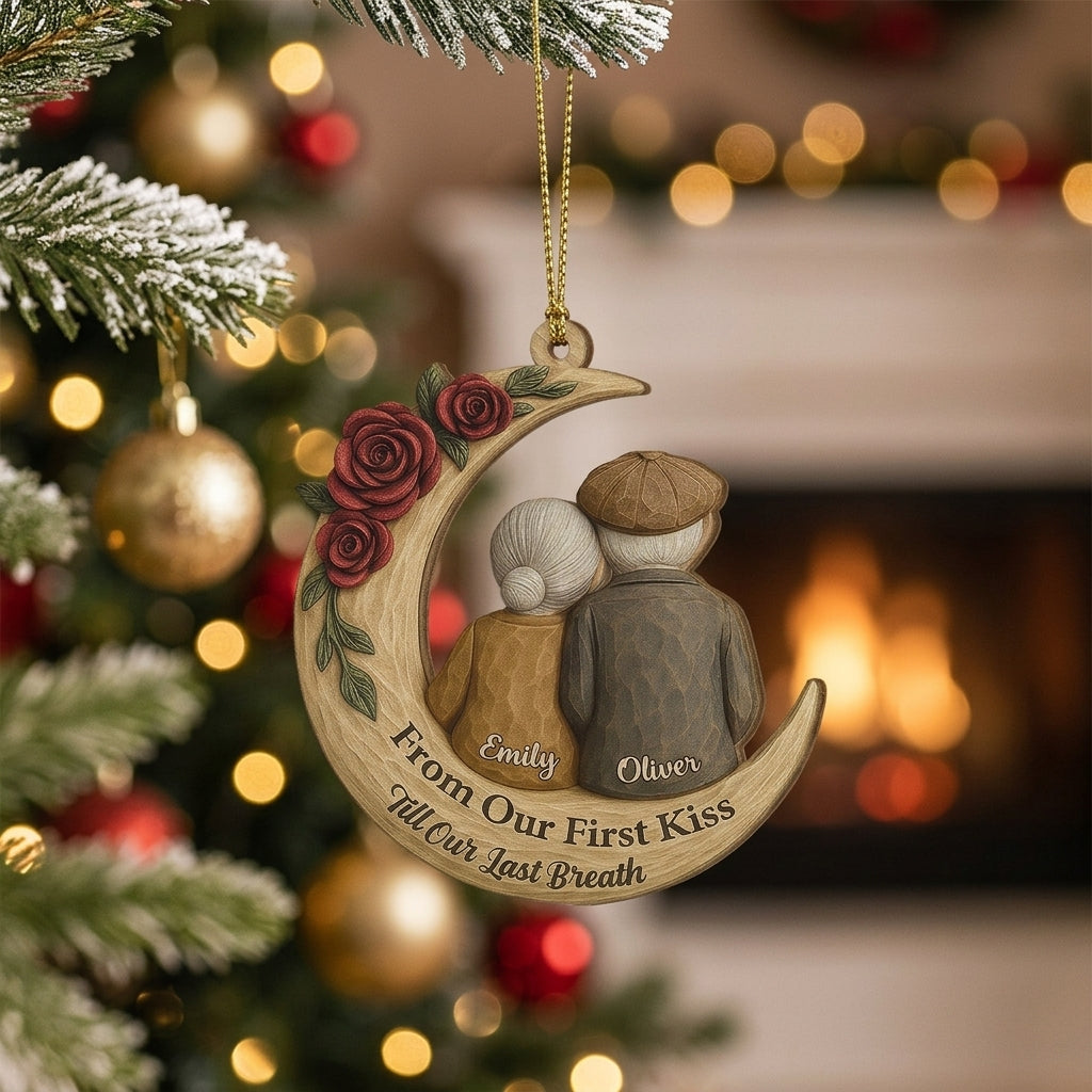 Personalized Names Year Wooden Ornament With Old Couple Moon Art For Christmas & Anniversary Gift
