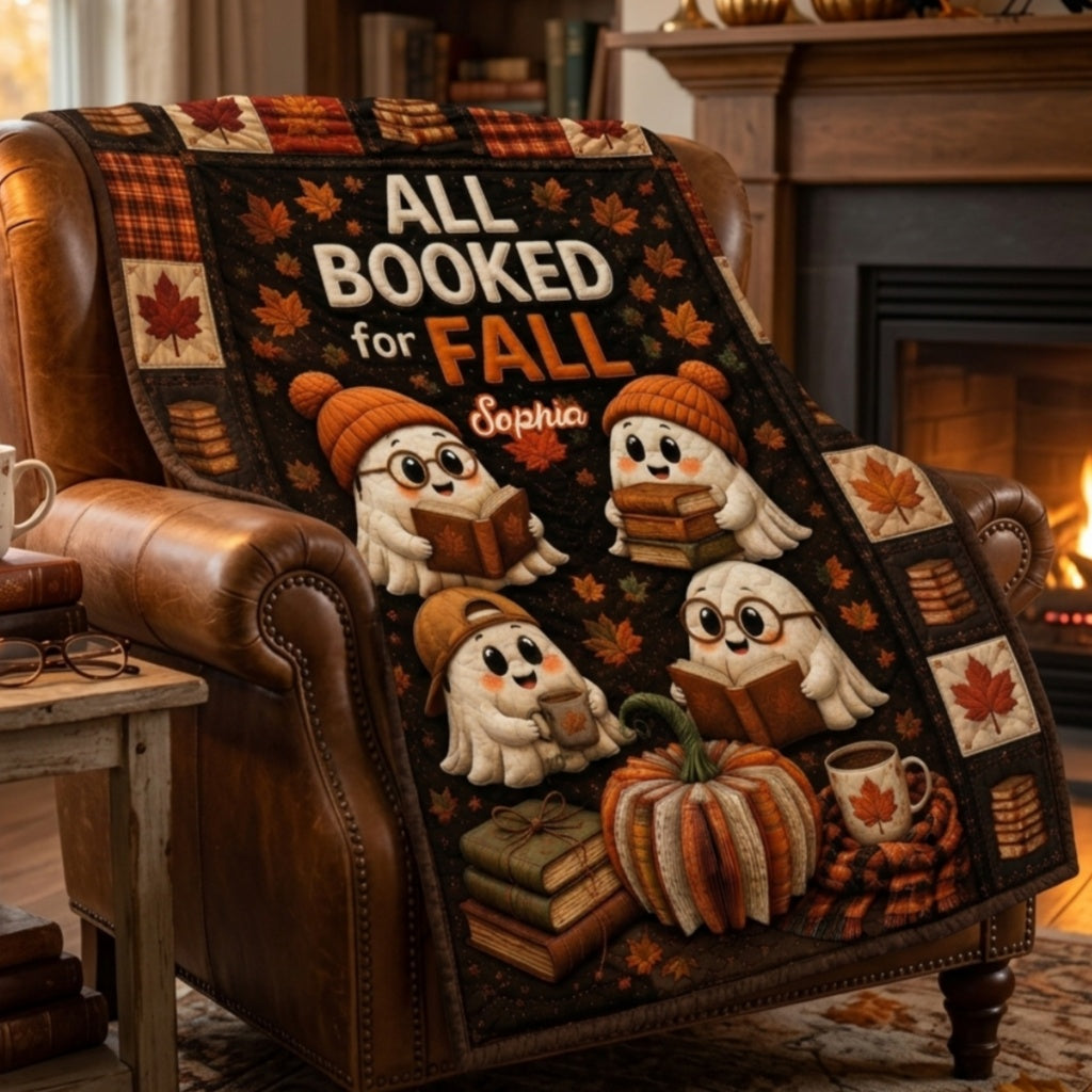 Personalized Name Book Pumpkin Throw Blanket With Cute Reading Ghost For Cozy Fall & Halloween
