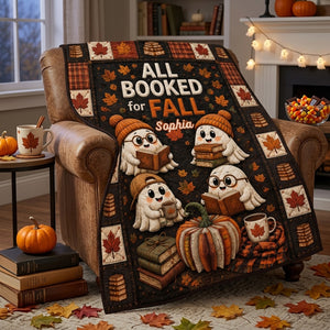 Personalized Name Book Pumpkin Throw Blanket With Cute Reading Ghost For Cozy Fall & Halloween